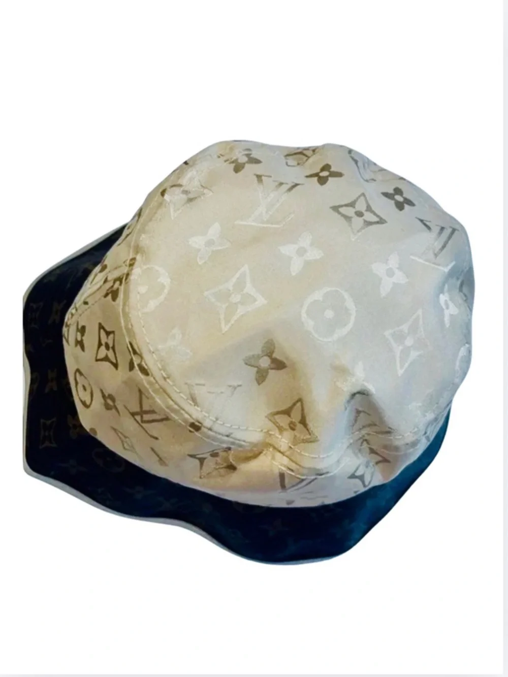 HAT: Brown & Beige Polyester Monogram & PU Leather Bucket, NWT